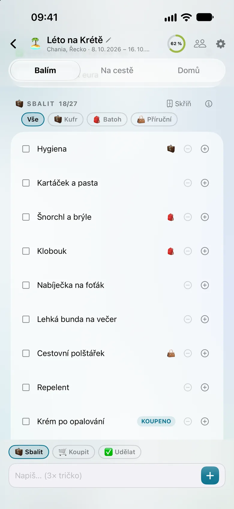 Viharo, seznam Balím: sekce Sbalit, Koupit a Udělat s kolečkem postupu